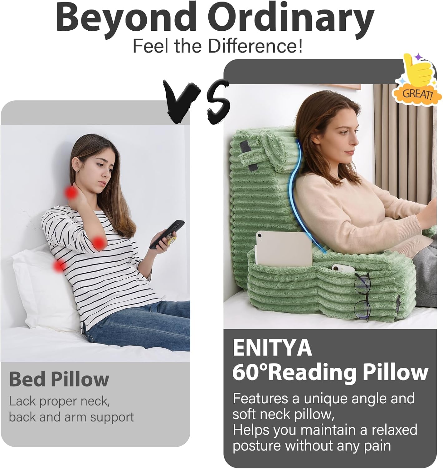 ENITYA 22" XL Back Pillow for Bed Sitting Up, Reading Pillow with Armrests & Big Pockets, Soft Back Support Chair, Ideal for Watching TV, Gaming, Nursing, Resting, Post Surgery, Dark Grey