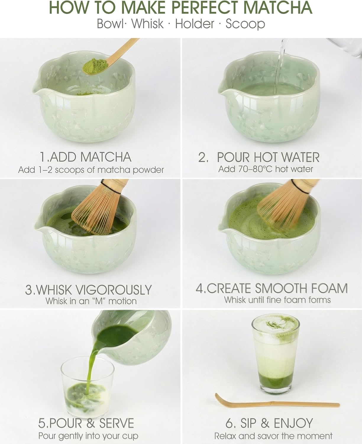 Matcha Whisk Set 7-Piece with Handmade Matcha Bowl & 100-Prong Purple Bamboo Whisk (Chasen), Complete Matcha Kit with Holder, Scoop & Rest, Bamboo Tea Mat, Gift-Ready Matcha Set