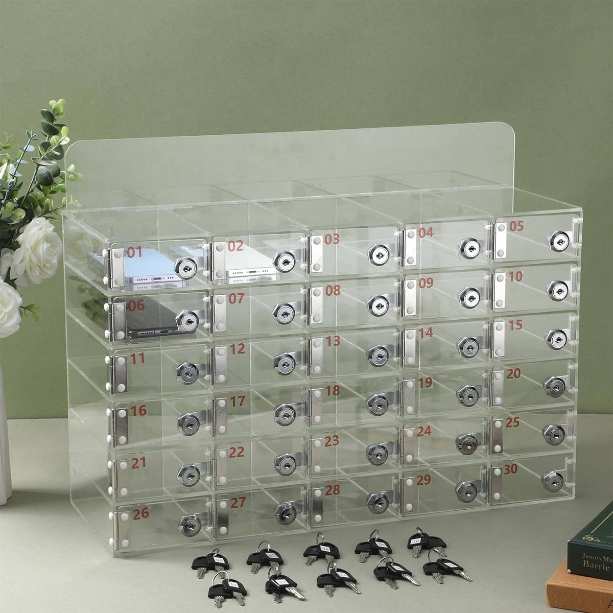 Transparent Acrylic Wallmounted Phone Charging Station 30 Slots Lockable with Keys Nized Storage for Mobile Devicesideal for OfficesHomes,One Color-25Slots