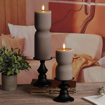 White Ribbed Flameless Pillar Candles with Remote, Real Wax Flickering Battery LED Candles Set of 2