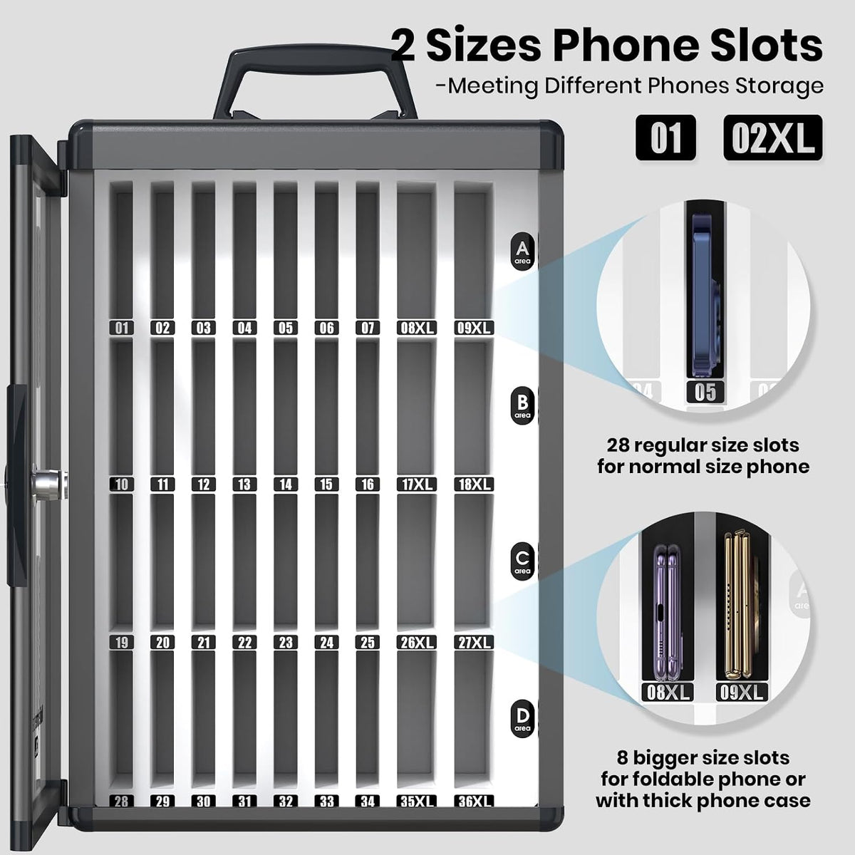 36 Slots Cell Phone Locker for Classroom, Portable Mobile Phone Storage Box with 【2 Different Size Slots】, Phone Lock Box Wall Mounted (Black)