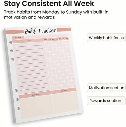A5 Weekly Habit Tracker Inserts - Motivation & Rewards Pages for Weekly Goals and Consistency, Double-Sided 6-Hole Refill for A5 Binders, 50 Sheets, 100 Pages