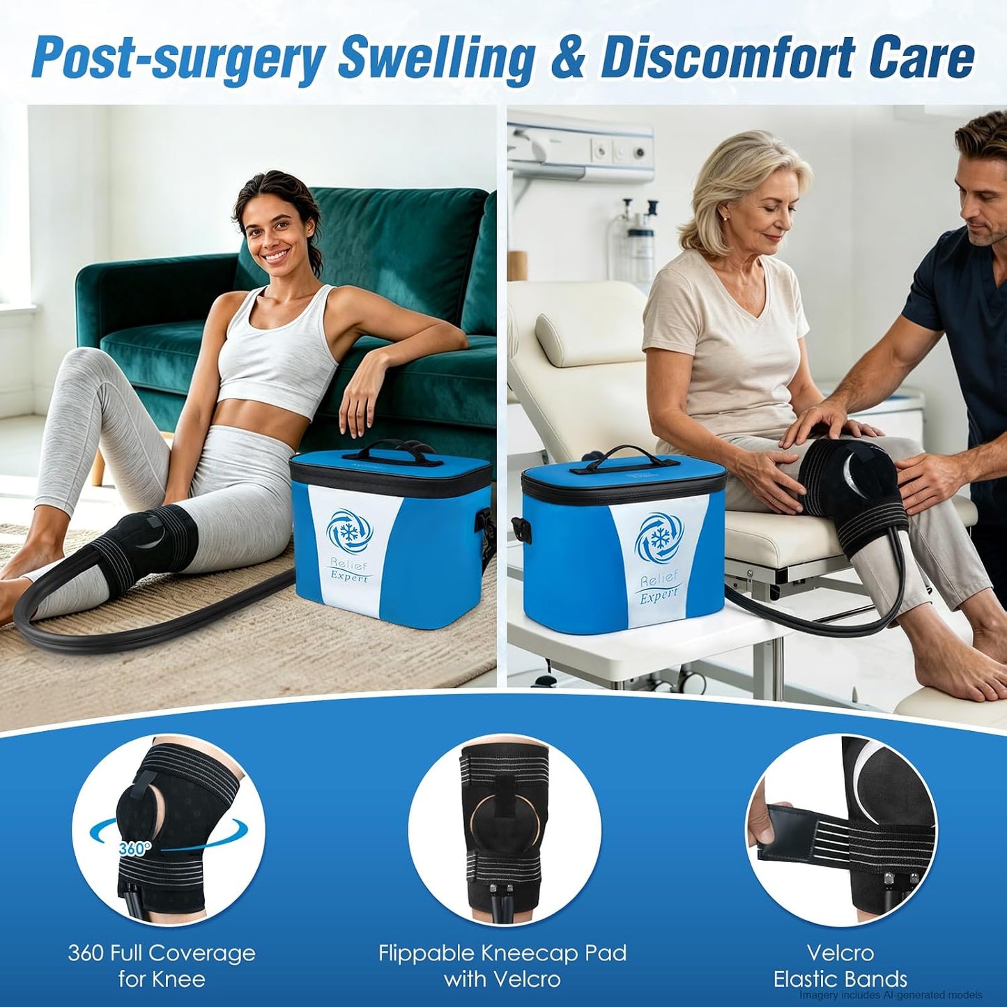 Ice Machine for Knee After Surgery, Extra Large Wrap & Flippable Kneecap Pad, 18QT Cooler, 12H Cooling, Programmable Timer, Leak-Resistant Sealing & Steady Cold Compression for Knee Replacement Care