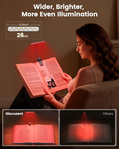 Glocusent 630nm Red Light Reading Light, 26 LEDs Zero Blue Light, 1600K Amber Book Light with 3 Modes & 5 Brightness Dimmable, 120H Runtime, Eye-Care Clip on Light for Book Lovers and Kids