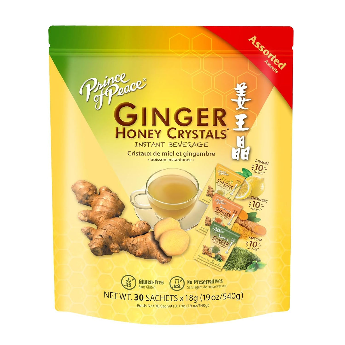 Prince of Peace Instant Ginger Honey Crystals Assorted, 30 Sachets – Instant Hot or Cold Beverage that Soothes Throat – Easy to Brew – Drink Like a Tea – Gluten Free – Real Ginger