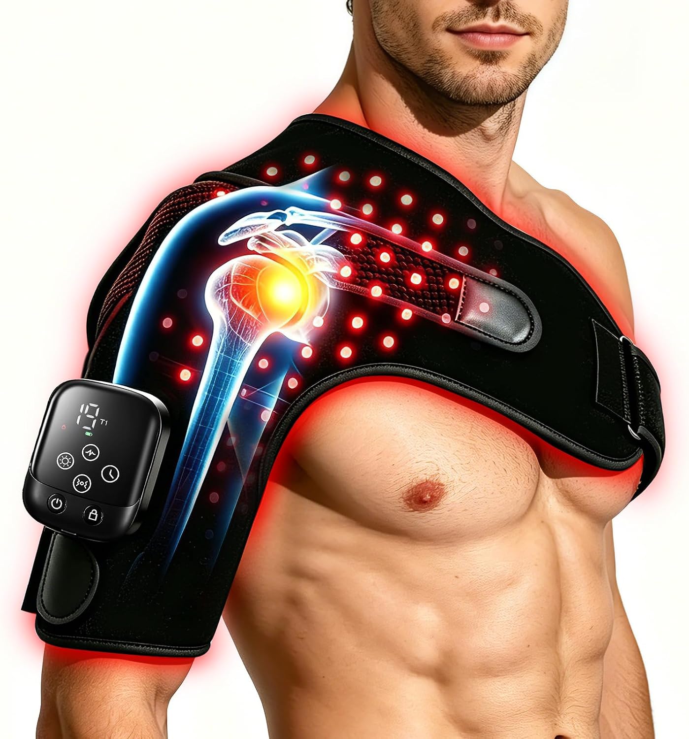 Cordless Red Light Therapy for Shoulder with Massage, 5000mAh Portable Red Light Shoulder Therapy Wrap with 114 LEDs, Near-Infrared Shoulder Brace with Heat, Vibration Massager & Pulse for Men Women