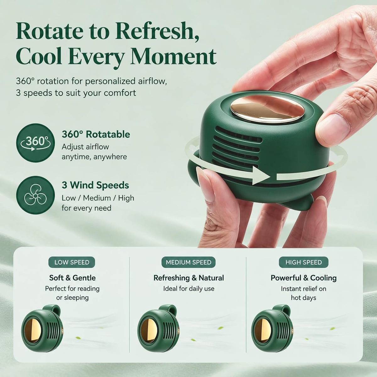 Portable Clip-On Fan, Mini Bladeless Waist Fan, 5100RPM 25dB Ultra-Quiet 3-Speed Rechargeable Small Whirlwind Fan, Hands-Free Personal Cooling for Outdoor Travel Office Camping with USB-C