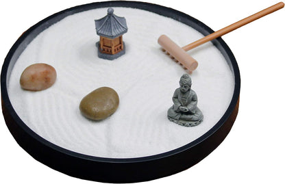 Nature's Mark Mini Zen Garden Kit for Desk with Rake, White Sand, Lotus Figure, 3 Sections Black Square Base, River Rocks and Black Rocks (9Lx9W C)