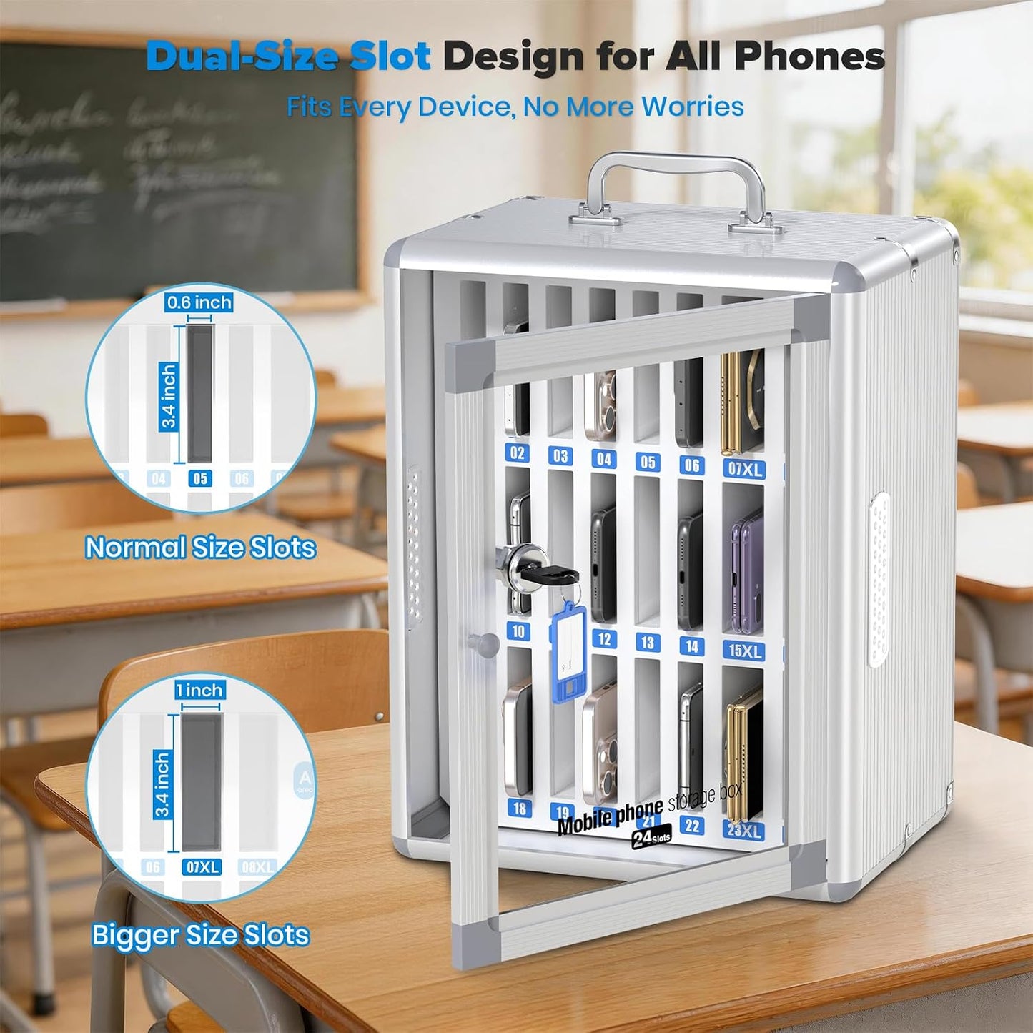 24 Slots Cell Phone Locker, Classroom Phone Storage Cabinet with Key, 【Wall Mounted】 【Aluminum Alloy】 Phone Lock Box, Mobile Phone Lockbox with Handle for School Office Exam(Silver)