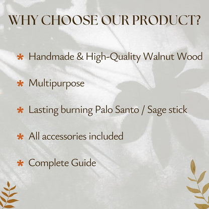 4 in 1 Walnut Wood Palo Santo Holder Hand-Crafted Incense Sticks Holder for Burning Sage with Booklet The Most Complete Palo Santo Holder for Your Meditation Room Home Decor Gift
