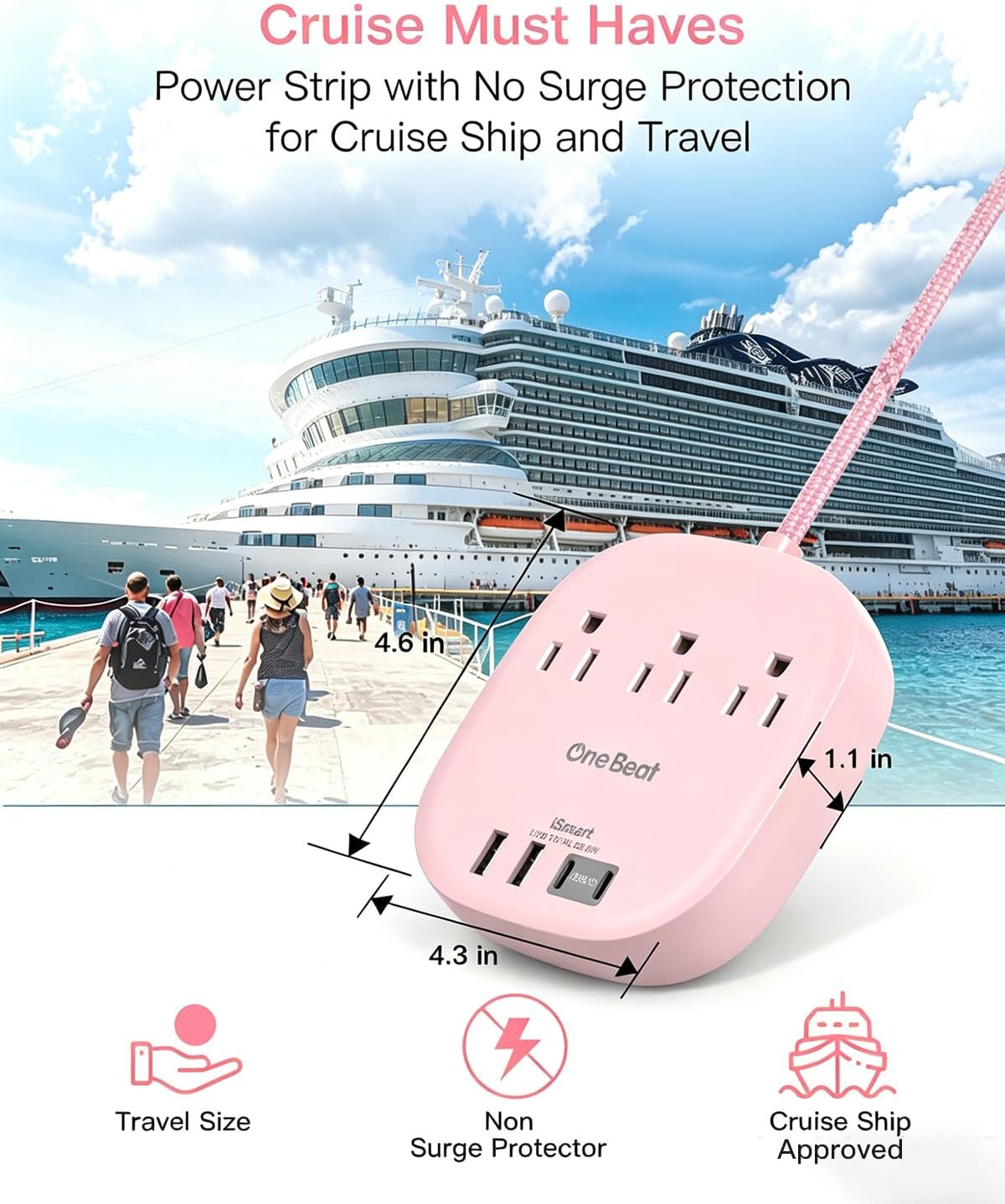 Travel Essentials, 22.5W/4.5A Flat Plug Power Strip, 6 Ft Extension Cord