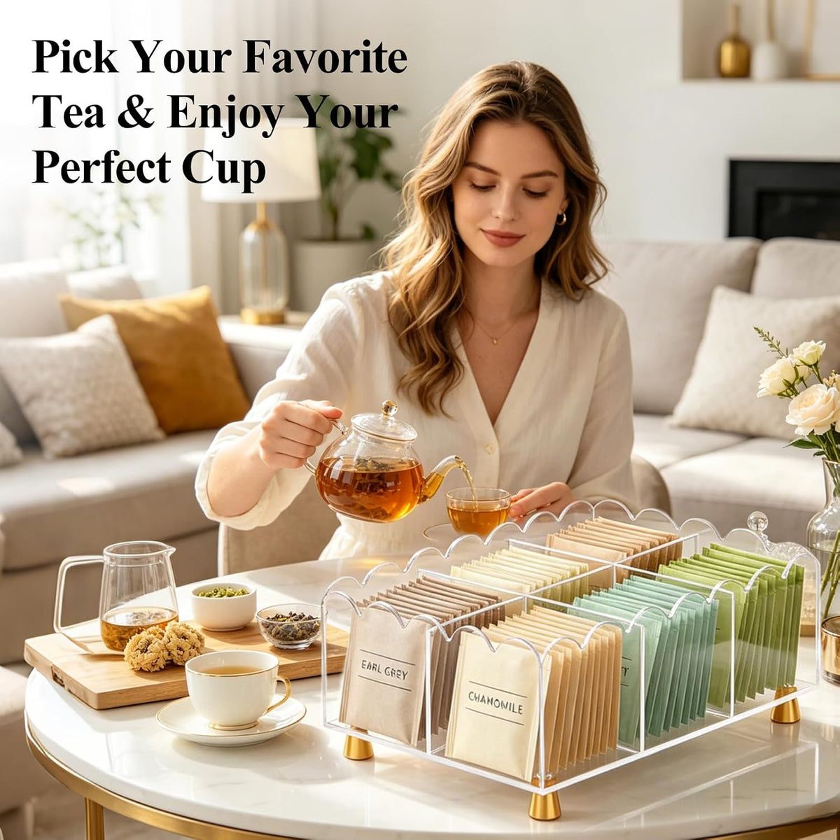Acrylic Tea Bag Organizer, 6 Spacious Compartments Tea Bag Holder, Clear Scalloped Edge with Gold Accent Feet, Tea Storage Box for Countertop, Pantry, Cabinet, Sugar Packets