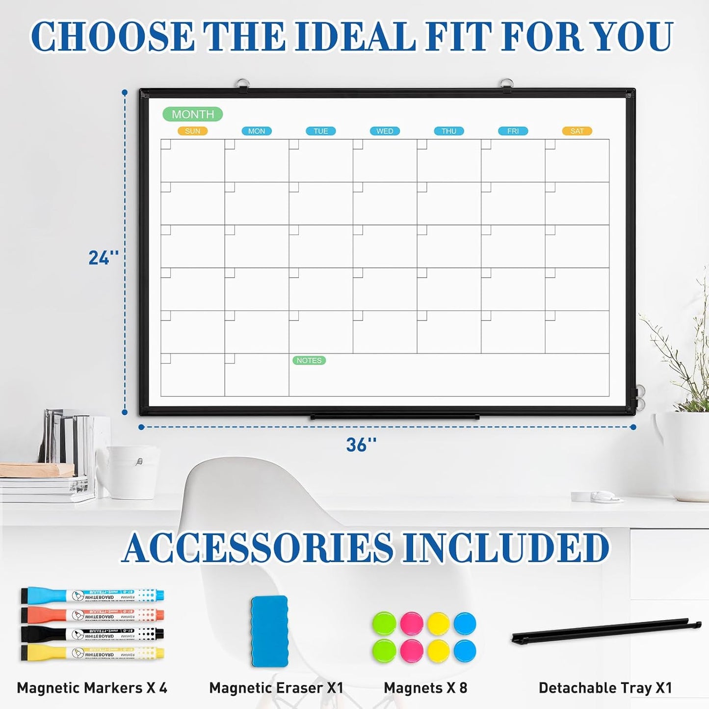 WALGLASS Weekly Dry Erase Calendar Whiteboard for Wall, 24" x 18" Double-Sided Weekly Planner White Board with Notes, Daily Tracker, Aluminum Framed Hanging & Wall Mount for Home, Office, School
