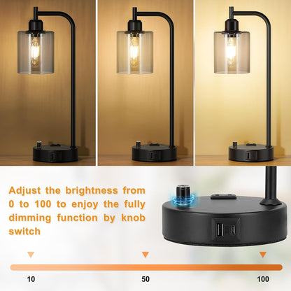 Industrial Table Lamps for Bedrooms Set of 2 - Fully Dimmable Bedside Lamps with USB A and C Ports and Outlet, Black Nightstand Lamps with Glass Shade for Living Room, Desk Lamps for Office Reading