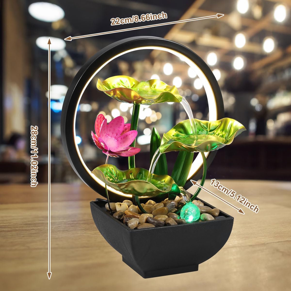 Tabletop Fountain 3-Tiers Leaf,11" Small Waterfall Fountains Indoor Water Fountain with Rocks and Ring Lights,Desktop Fountains for Meditation Relaxation for Bedroom Living Room Office