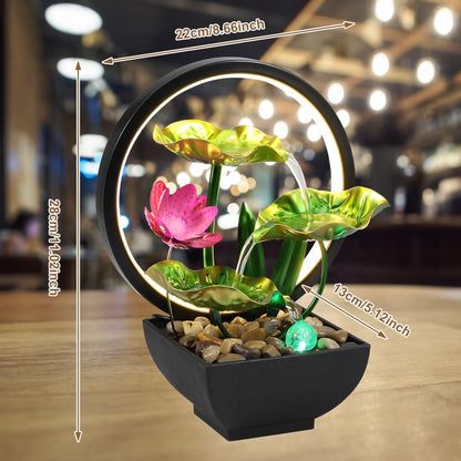 Tabletop Fountain 3-Tiers Leaf,11" Small Waterfall Fountains Indoor Water Fountain with Rocks and Ring Lights,Desktop Fountains for Meditation Relaxation for Bedroom Living Room Office