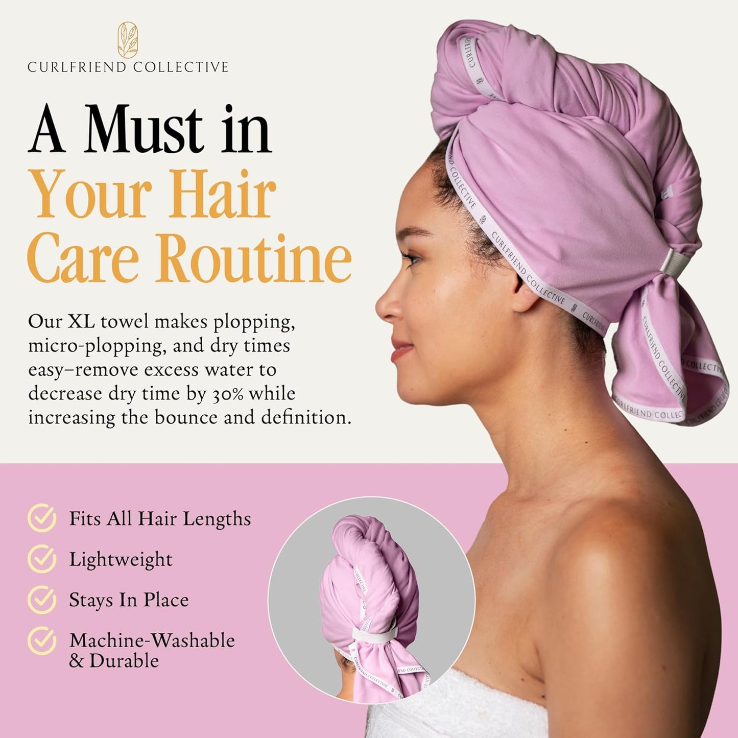 Curlfriend Collective Cotton Cloud T-Shirt Hair Towel Duo – Sage The Day Hair Towel Wrap for Women, XL + Mini Hair Drying Towels for Curly Hair, No-Slip Plopping Towel, Ultra Absorbent Cotton