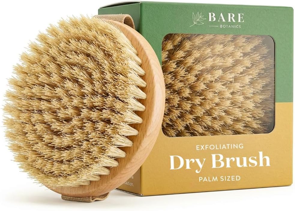 Bare Botanics 17" Dry Brushing Body Brush - Medium Firmness, Natural Color & Silicone Grip - Extra Long Bath Brush - Ergonomic Curved Handle Design w/Hang Rope - Back Scrubber for Shower