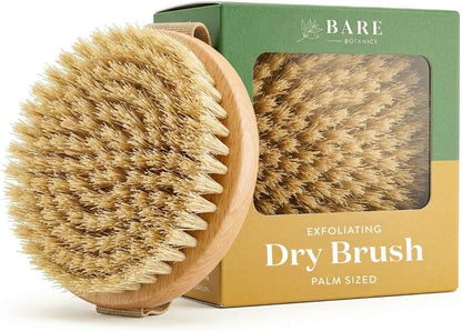 Bare Botanics 17" Dry Brushing Body Brush - Medium Firmness, Natural Color & Silicone Grip - Extra Long Bath Brush - Ergonomic Curved Handle Design w/Hang Rope - Back Scrubber for Shower