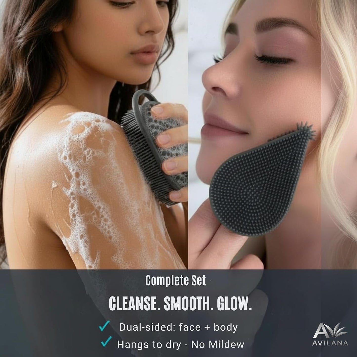 Avilana Premium Silicone Body Scrubber - Trusted Since 2017 - SGS Certified Food Grade Dual Sided Bath Brush, Quick-Dry Exfoliating Loofah Alternative, Massage Brush Sensitive Skin Women Men