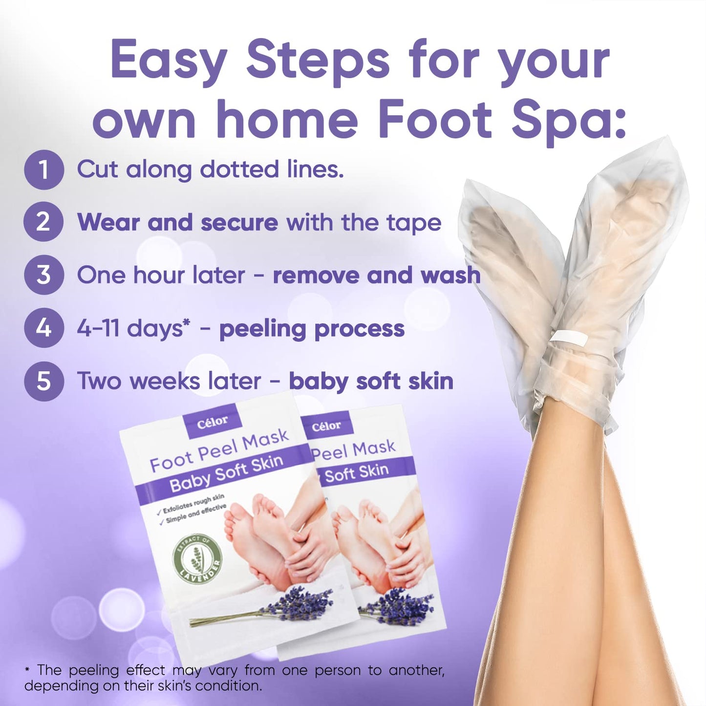 CÉLOR Foot Peeling Mask for Dry Cracked Feet | Foot Mask to Exfoliate Rough, Cracked, Dry Feet, Calluses for Soft Baby Feet Results | Made with Aloe Vera Extract for Women & Men (2 Pairs) | Lavender