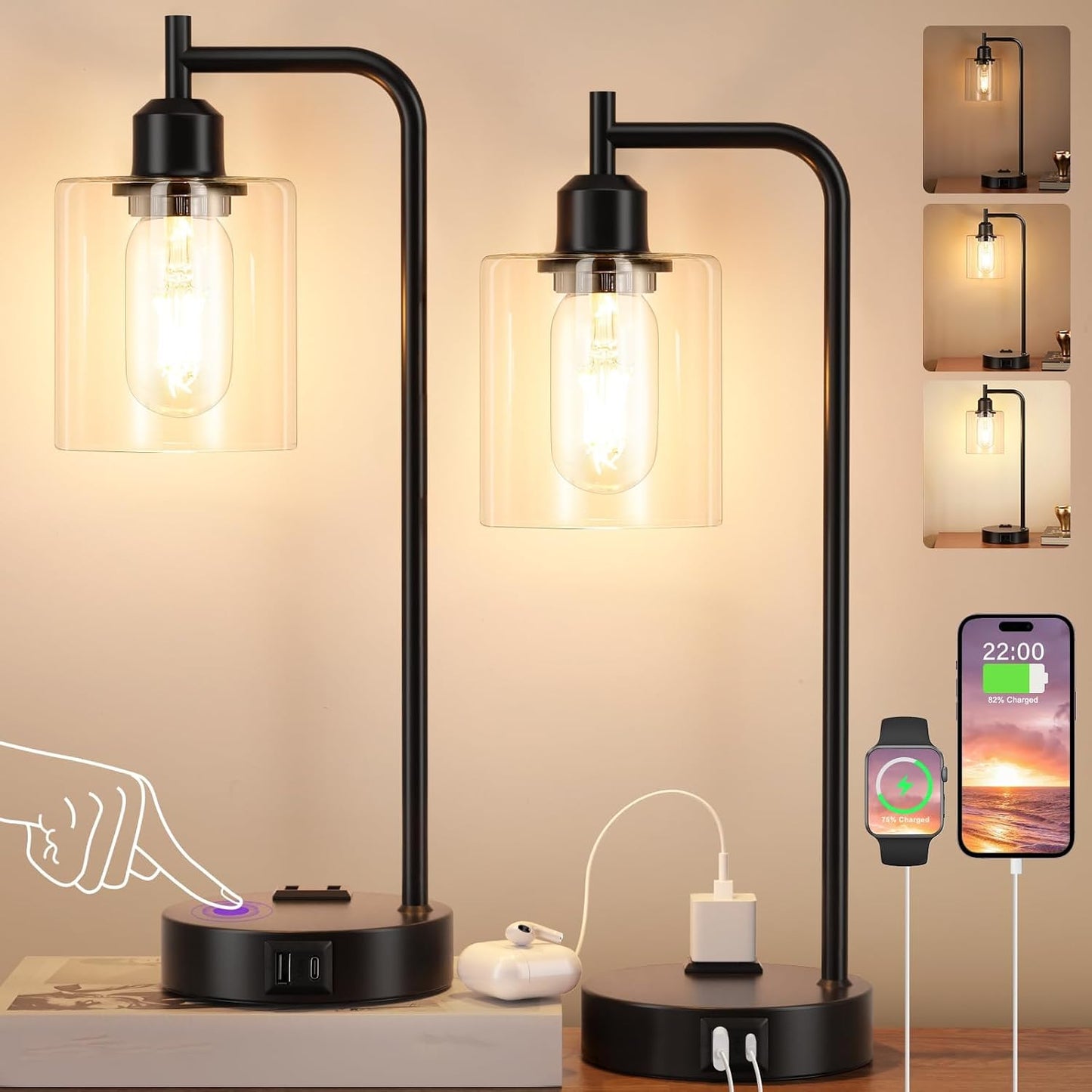 Industrial Touch Lamps for Nightstand Set of 2, 3-Way Dimmable Bedside Lamp