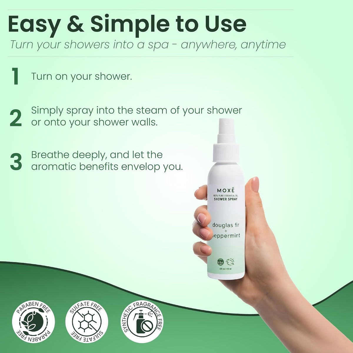 MOXĒ Eucalyptus Oil Shower Mist, Spa Steam Spray, Certified Natural 100% Essential Oils, Made in USA, Aromatherapy, Sinus Congestion Relief, Tension Relief, 4 Ounces