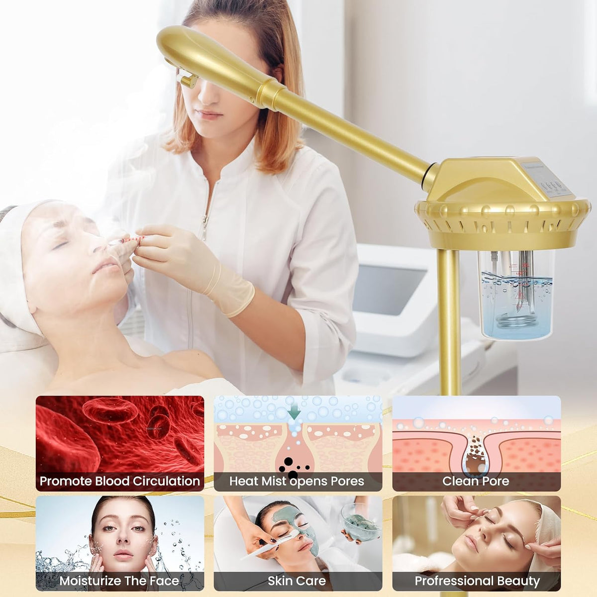 Facial Steamer Professional for Deep Cleaning and Hydration, Gold