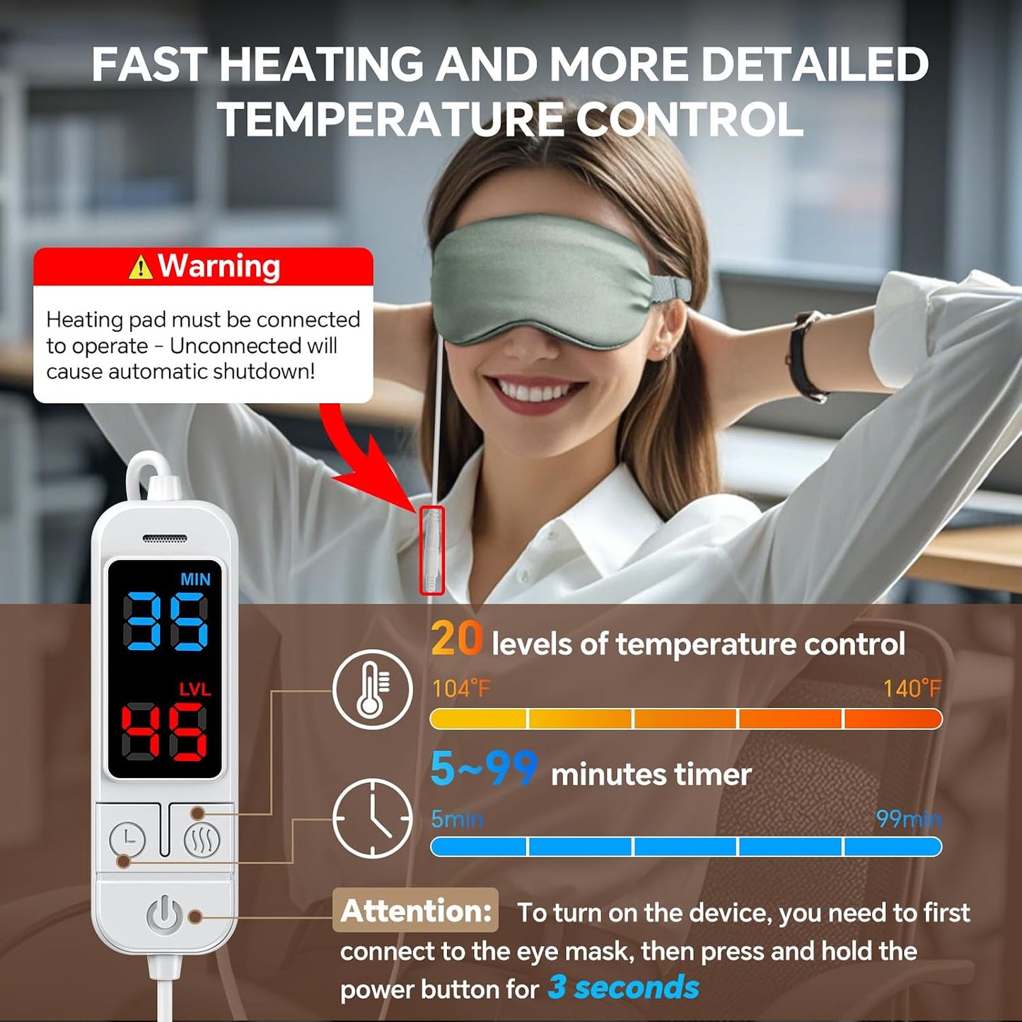 Heated Eye Mask for Dry Eyes, Stye & Migraines Relief - USB Electric Warm Compress with 20 Temp/Time Settings, Washable Flaxseed Cover for MGD, Blepharitis & Eye Strain