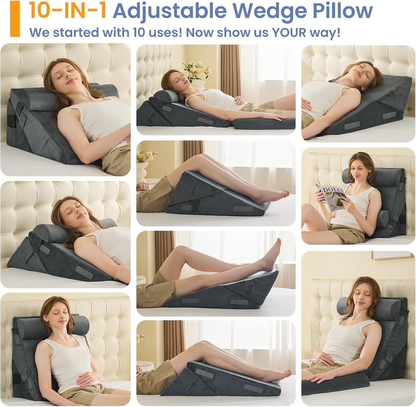 Sasttie Wedge Pillow Set for After Surgery, 2PCS Adjustable Bed Wedge Pillow Headboard with Memory Foam Neck Cushion – for Acid Reflux, Sleeping, Neck & Back Support, Dark Grey & White