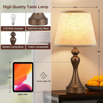 Touch Lamps for Nightstand, 3 Way Dimmable Bedside Lamps with USB C+A Ports