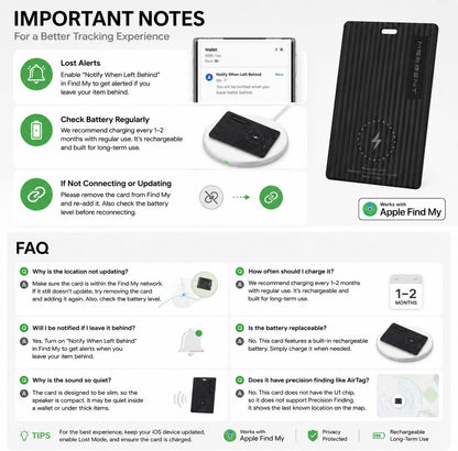Air Tag Wallet Tracker Card, Rechargeable with Wireless Charging, Works with Apple Find My (iOS Only), Apple MFi Certified, IP67 Waterproof Item Finder for Wallet, Passport & Luggage