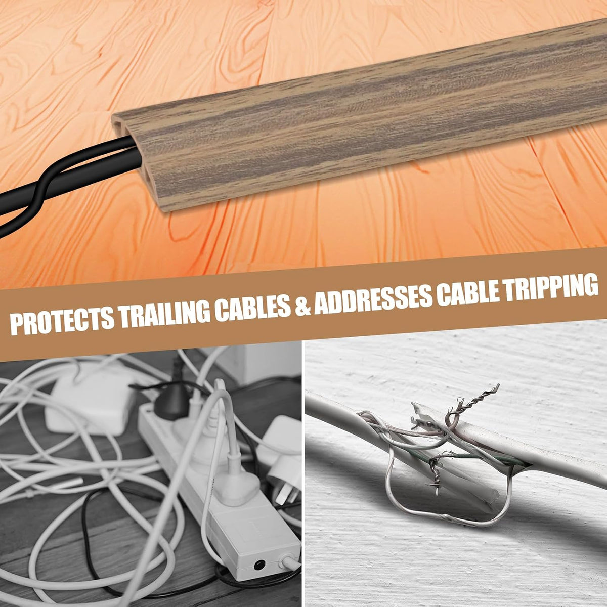 Floor Cord Cover Self Adhesive Cord Hider,10FT Cable Management, Extension Strip Protector for Wires, Prevent Cable Trips for Offices, Gyms, Exhibitions Cavity 0.39"(W) x 0.27"(H) BrownWood