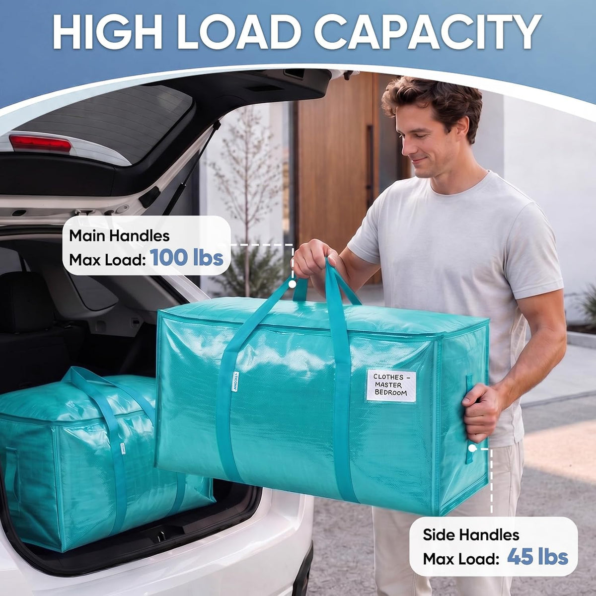 TICONN Extra Large Moving Bags Heavy Duty with Zippers & Carrying Handles, Durable Storage Bags Moving Boxes for Closet Organizers and Storage (Blue)