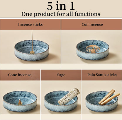 6" Ceramic Incense Holder for Sticks with 10 Holes,5in1 Handmade Flambé Glaze Incense Burner Bowl Ash Catcher for Stick,Coil,Cone,Sage,Palo Santo,Candle - Ideal for Yoga Spa Meditation Home Décor