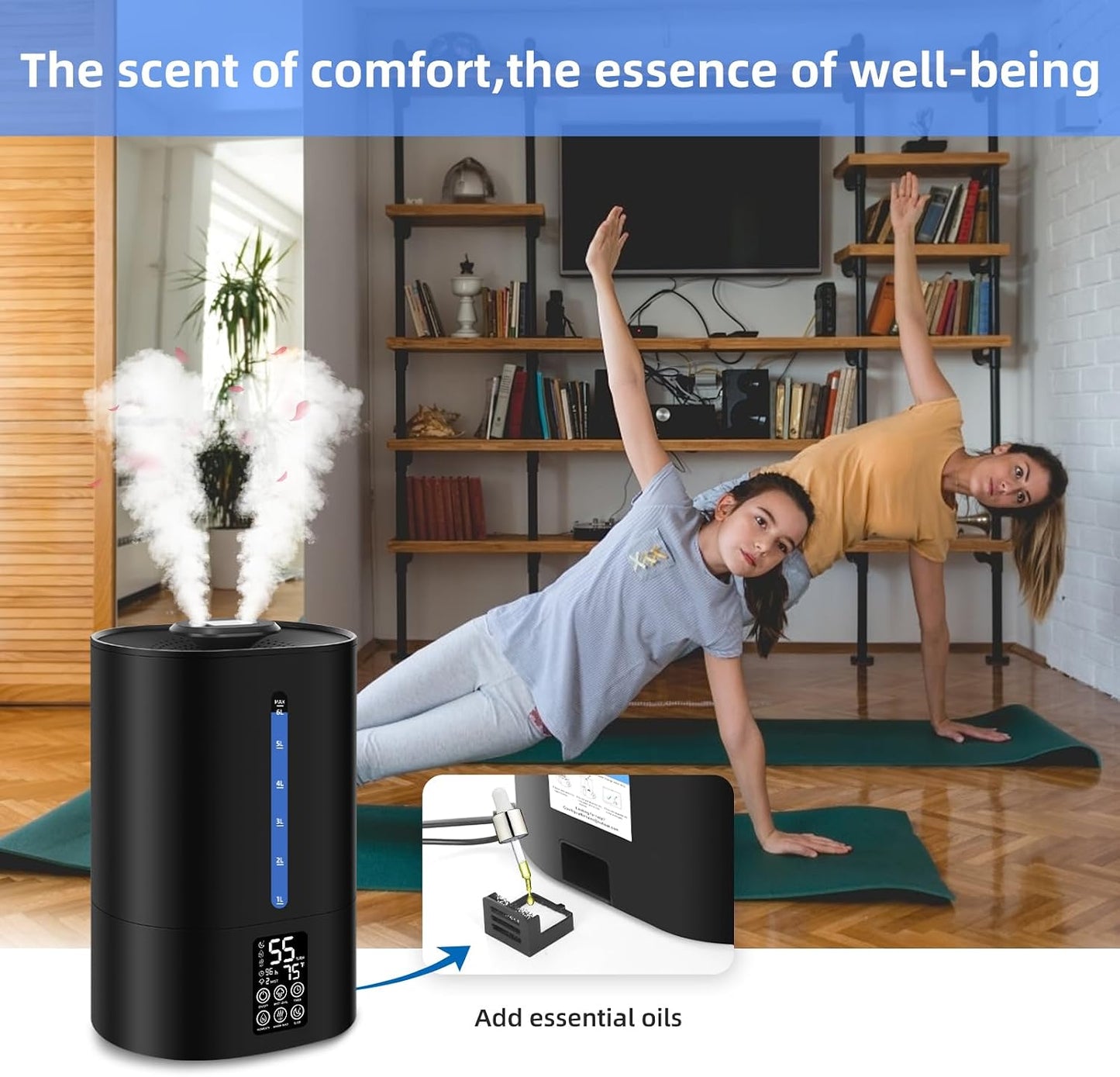 Coolfiqu 6L Humidifiers for Bedroom Large Room Home,Cool and Warm Humidifier for Baby and Plants Hot Mist Top Fill Desk Humidifiers Oil Diffuser,Quiet,Adjustable Mist,360°Nozzle-Black(2026 Upgraded)