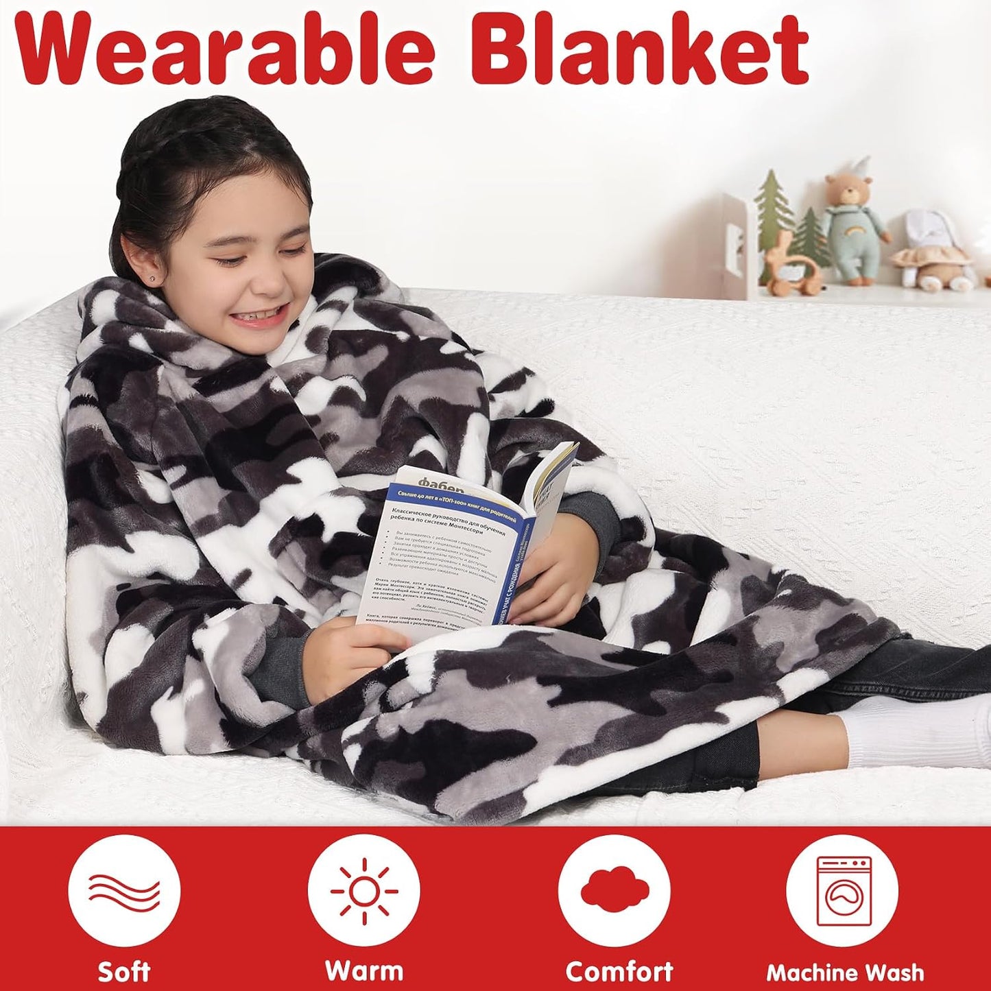 Waitu Wearable Blanket Sweatshirt Gifts for Women and Men, Warm and Cozy Giant Blanket Hoodie, Thick Flannel Blanket with Sleeves and Giant Pocket - Dark Gray