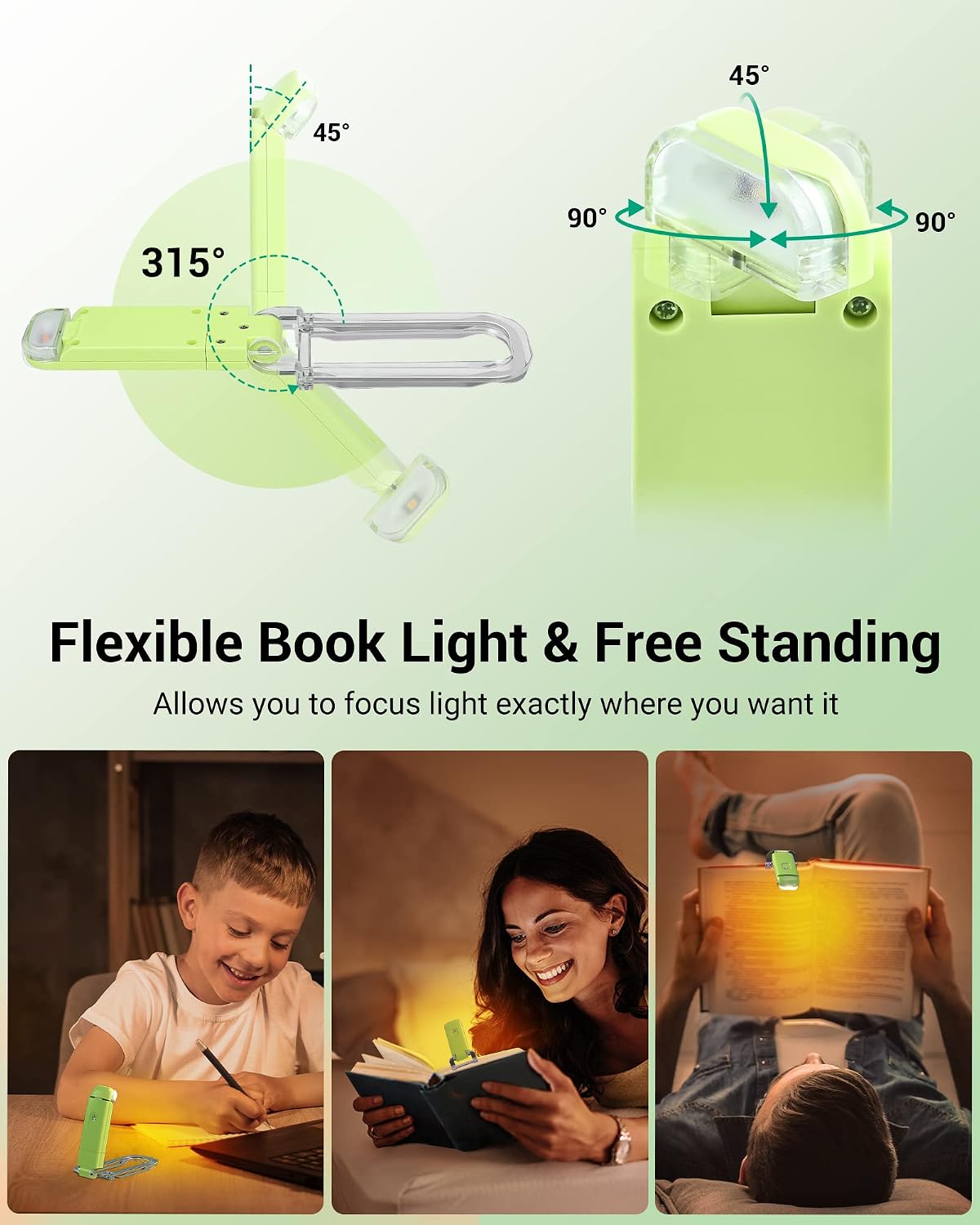DEWENWILS Book Reading Light, Amber Warm Clip On LED with 3 Adjustable Brightness for Eye Protection, Rechargeable USB, Perfect for Bookworms, Kids (White)