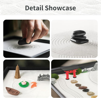 Mini Zen Garden Kit for Desk 11.8x7.8'' Japanese Home Decor Zen Sand Garden | Includes Rake, Rocks and Figures, Meditation Gifts Set for Home,Office Desk＆Meditation Room, Zen Sand Tray Therapy