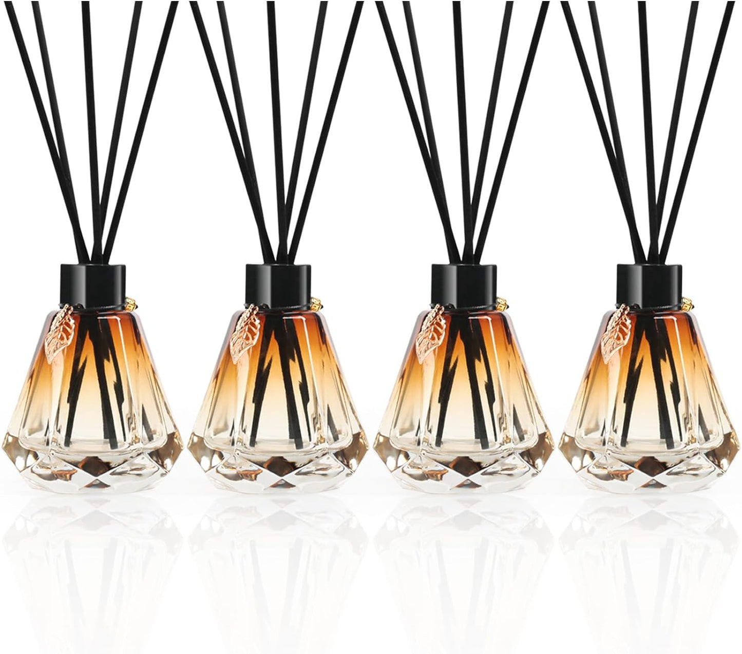 Reed Diffuser Set - 4 Empty Bottles with 20 Sticks, Delicate Gold Leaf Decor, Glass Fragrance Diffuser with Lids for Home, Bathroom | Refillable, Diamond Style (4 PCS Black)