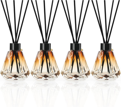 Reed Diffuser Set - 4 Empty Bottles with 20 Sticks, Delicate Gold Leaf Decor, Glass Fragrance Diffuser with Lids for Home, Bathroom | Refillable, Diamond Style (4 PCS Black)