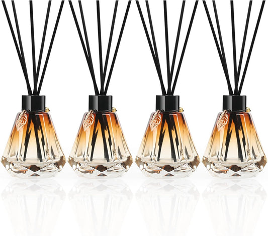 Reed Diffuser Set - 4 Empty Bottles with 20 Sticks, Delicate Gold Leaf Decor, Glass Fragrance Diffuser with Lids for Home, Bathroom | Refillable, Diamond Style (4 PCS Black)