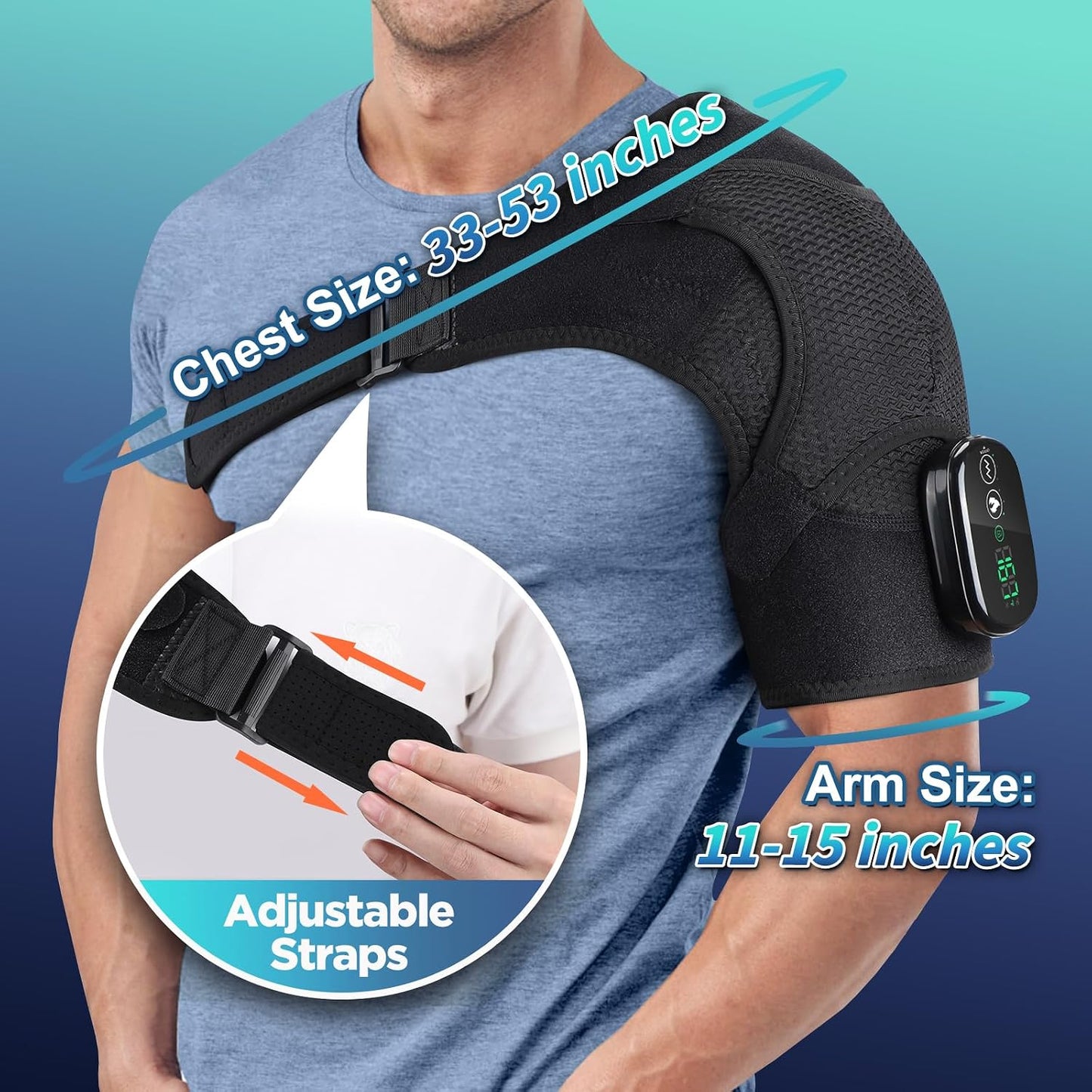 Cordless Heated Shoulder Brace with Vibration, 3 Heat & Massage Settings, Shoulder Heating Pad for Pain Relief, Adjustable Shoulder Warmer for Men and Women(Grey)