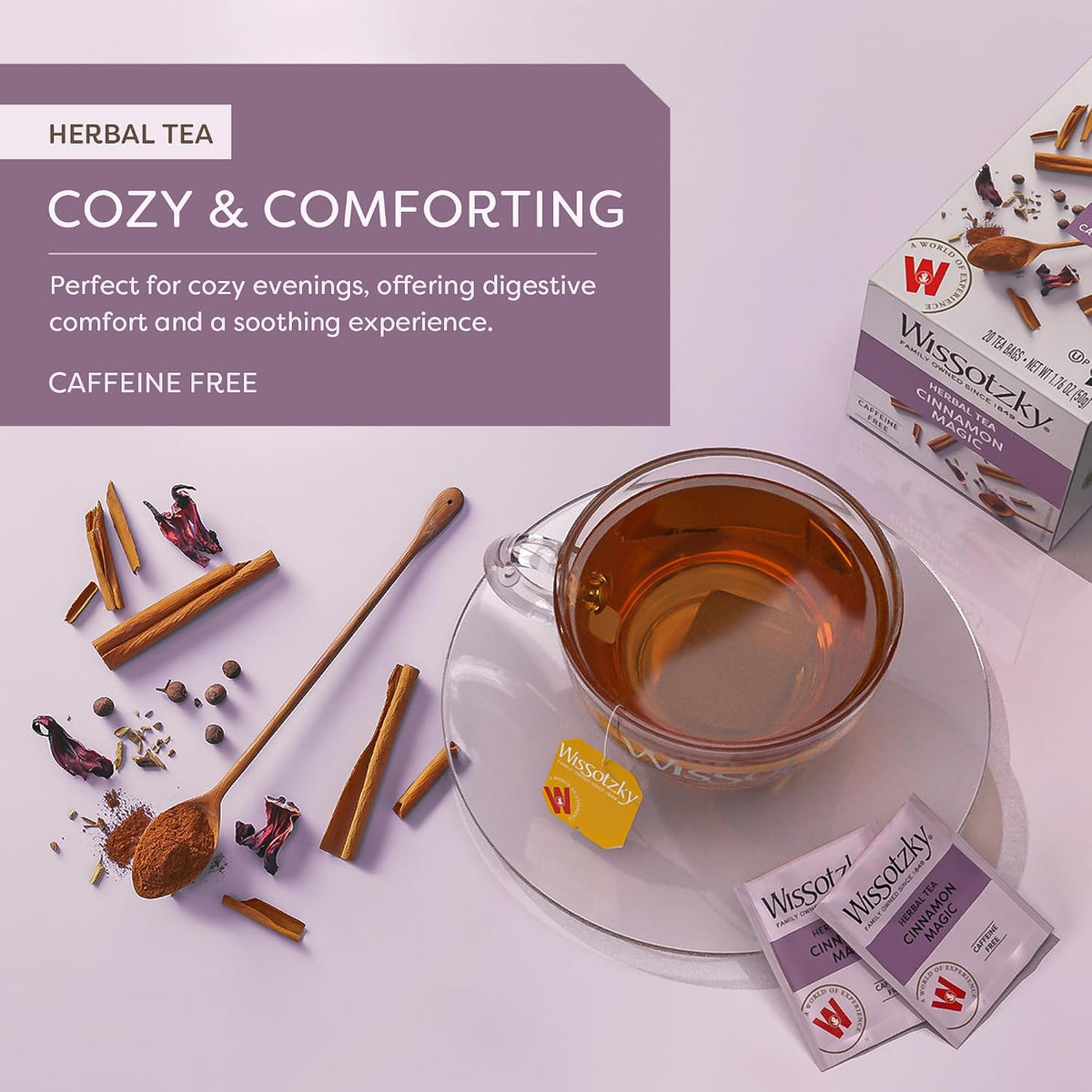 Wissotzky Cinnamon Magic Herbal Tea, 20 Teabags | Caffeine Free, Warm Cozy Tea Blend