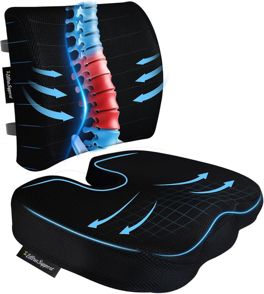 Seat Cushion &Office Chair Cushion,Lumbar Support Pillow for Office Chair,Ergonomic Memory Foam Non-Slip Office Chair Cushion,Back Support Cushions for Tailbone&Sciatica Pain Relief Black