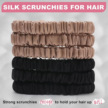 6Pcs Silk Hair Ties 100% Pure Mulberry Silk Scrunchies for Women Girls | No Hair Crease, Anti Frizz, Gentle Hold, No Damage, Black Brown Pink