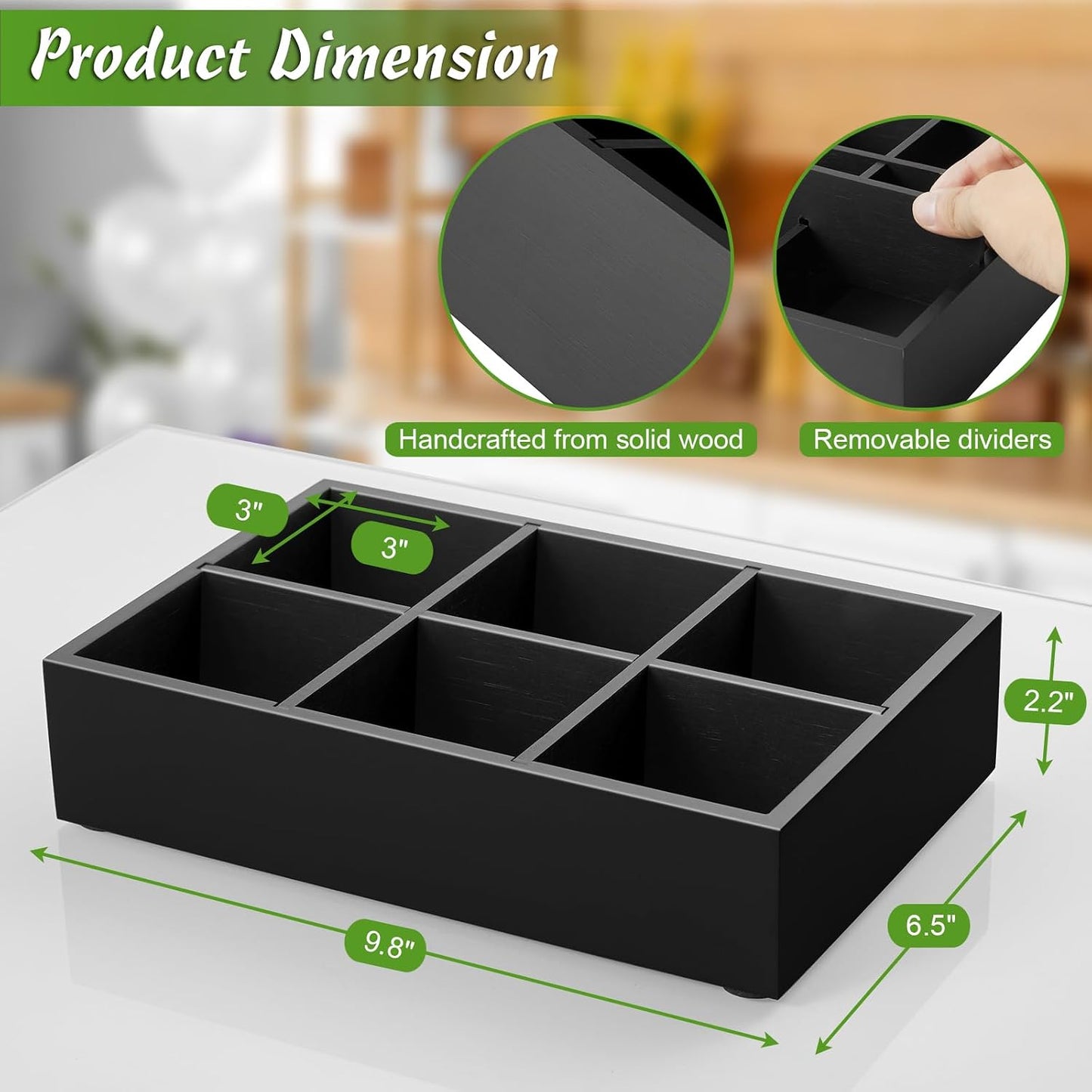 DRASTAR Tea Bag Organizer, Acacia Tea Bag Holder, Tea Storage Containers with 3 Slots, Wooden Tea Storage Accessories, Mini Tea Bag Caddy Box for Countertop