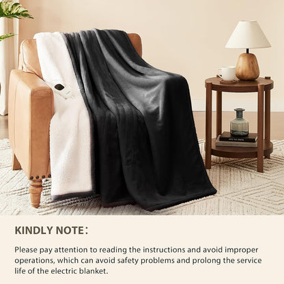 Homemate Heated Blanket Electric Throw - 50"x60" Heating Blanket Throw 1/2/4/6/8 Hours Auto-Off 10 Heat Level Over-Heat Protection Flannel Sherpa ETL Certification