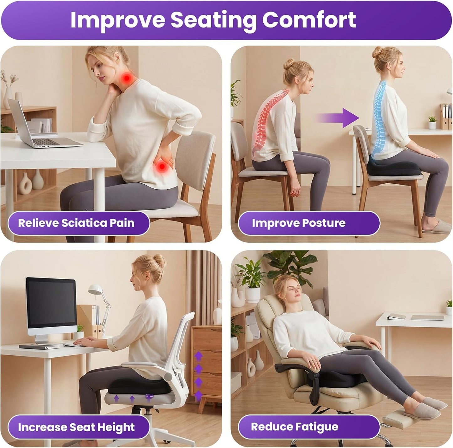 ZZ-WELL Seat Cushion for Office Chairs, Black, 21.2 Inches | Coccyx Cushion for Tailbone Pain, Memory Foam, Extra Large Thick, Patented Pressure Relief, Computer Gaming Chair