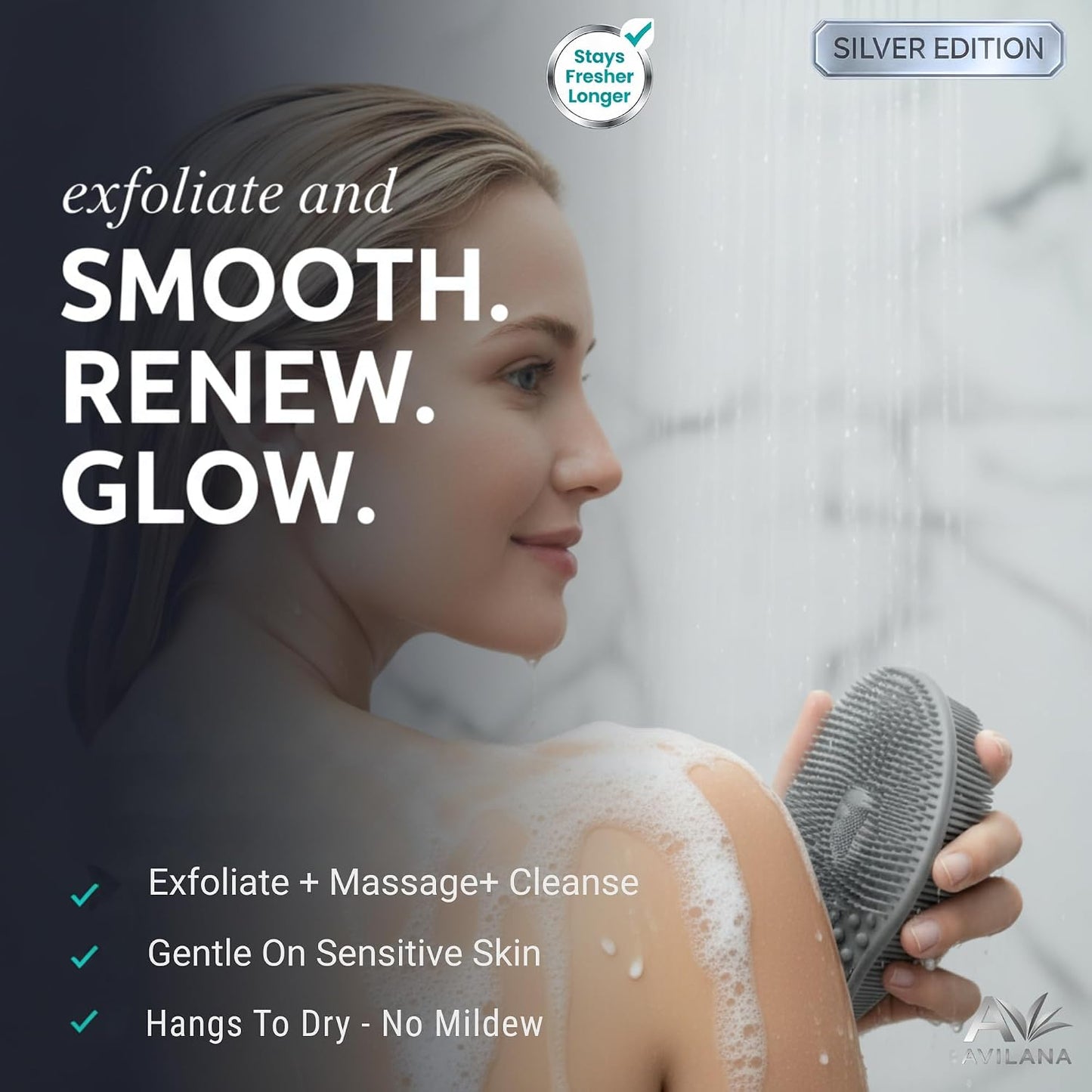 Avilana Premium Silicone Body Scrubber - Trusted Since 2017 - SGS Certified Food Grade Dual Sided Bath Brush, Quick-Dry Exfoliating Loofah Alternative, Massage Brush Sensitive Skin Women Men